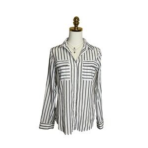 Express Womens XS Black White Striped‎ Embroidered Bird Love Button Down Shirt